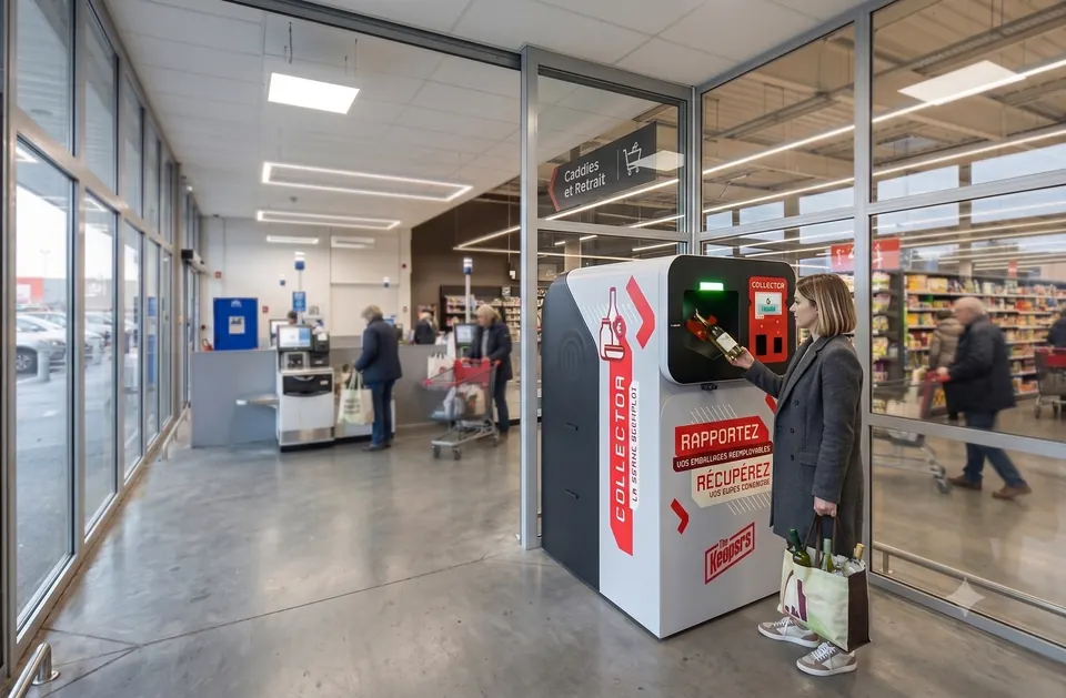 Une cliente utilise le Collector installé dans le sas d'entrée d'un hypermarché